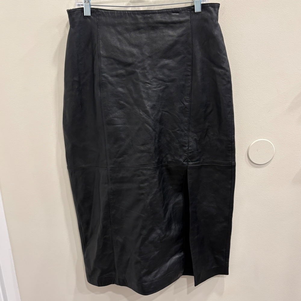 VTG 90s Lord & Taylor Black Lamb Nappa Leather Midi‎ Pencil Skirt Front Slit 14